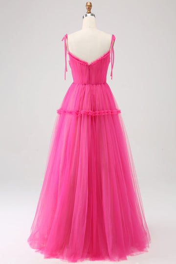 Fuchsia A-Line Ruffled Long Tulle Formal Dress